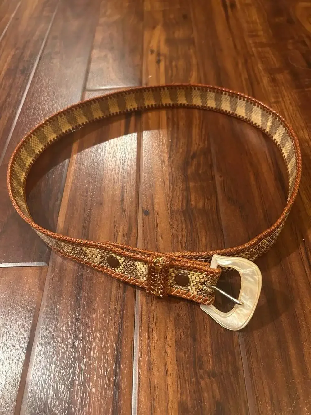 Vintage Snakeskin Pattern Woven Leather Belt with Mother of Pearl Style Buckle